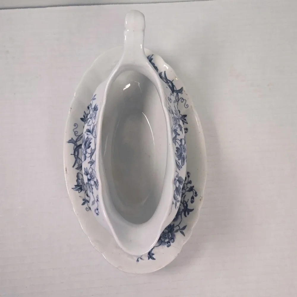 Antique Severn Gravy Boat with Underplate Blue‎ Floral Ceramic Serving